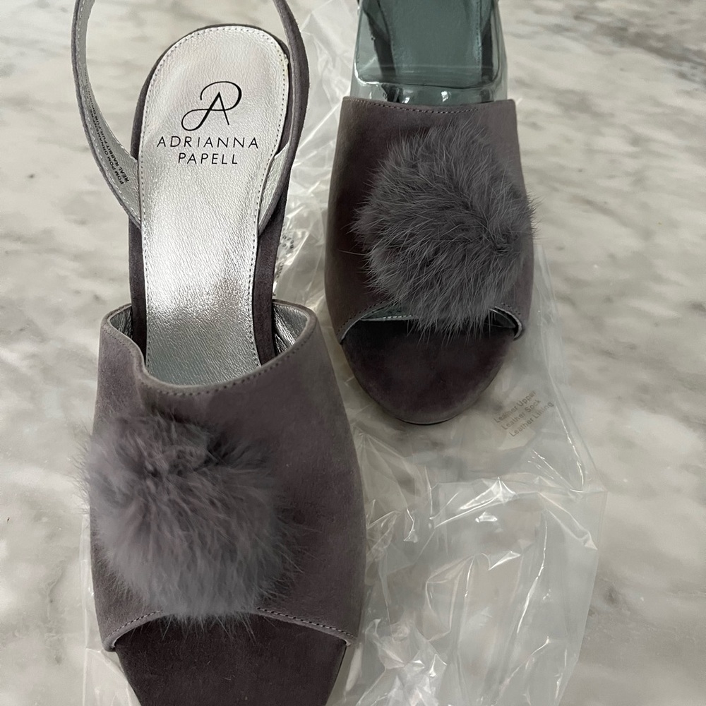 Grey suede, fur  Pom Pom sling back, never worn